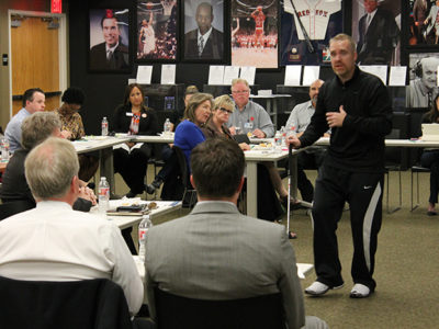 D.J. speaks in a small group setting D.J. speaks in a small group setting